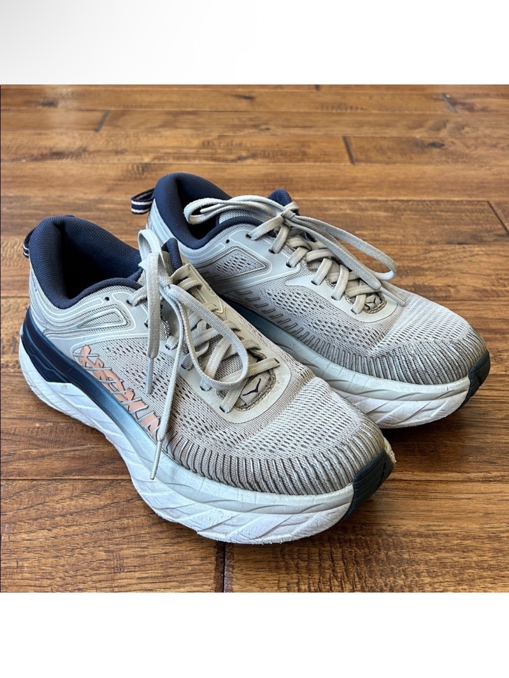 Hoka One One Women's Running Shoes in Light Gray, Navy, and Coral Accent - Picture 4 of 11